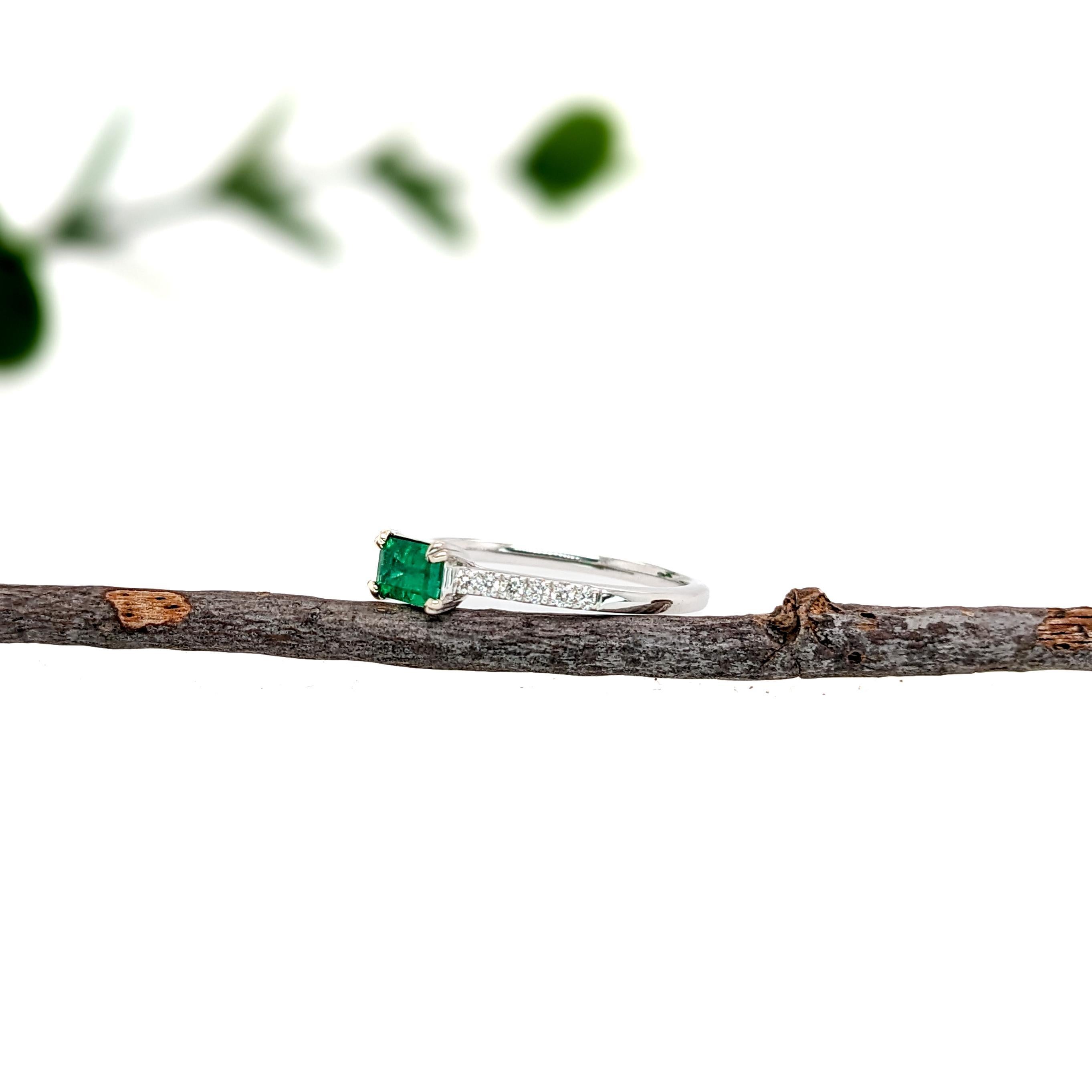 Emerald Cut Colombian Emerald Ring w Natural Diamond Pave Shank in Solid 14K White Gold For Sale