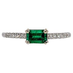 Colombian Emerald Ring w Natural Diamond Pave Shank in Solid 14K White Gold