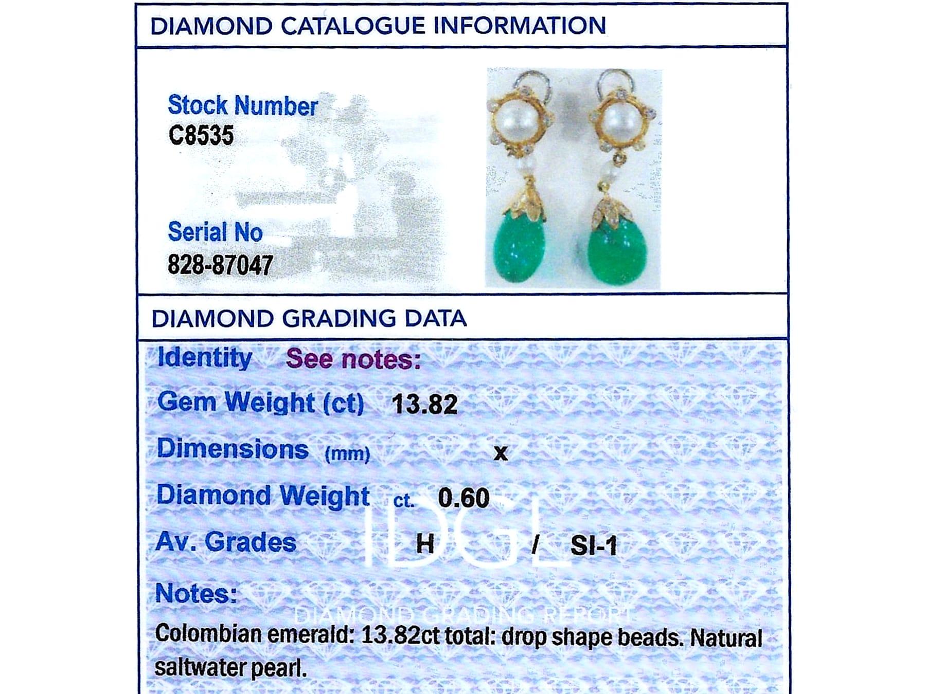 Colombian Emerald, Saltwater Pearl and Diamond 18k Yellow Gold Drop Earrings For Sale 6