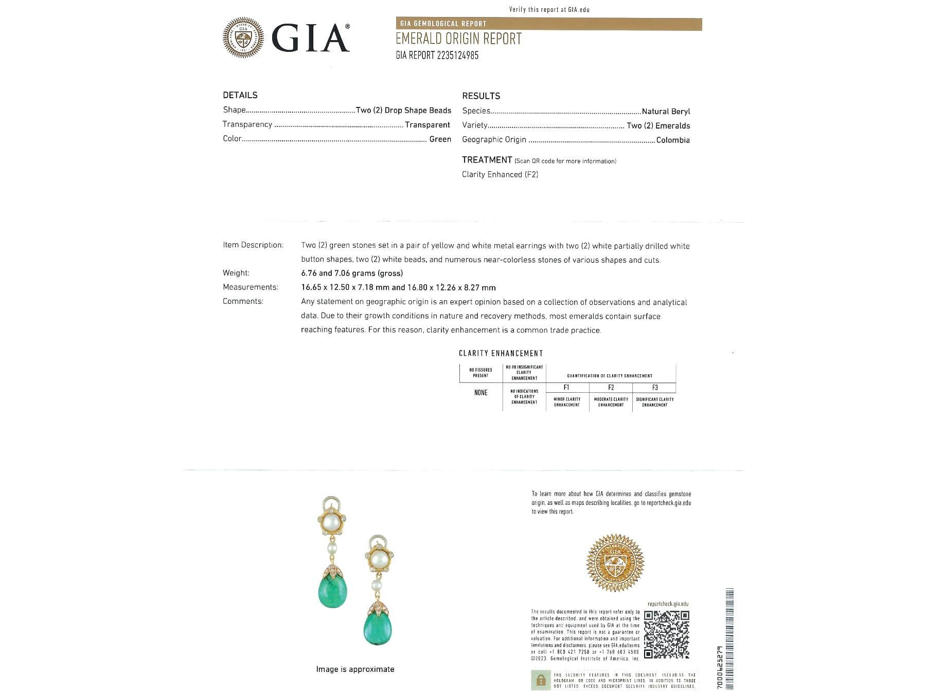 Colombian Emerald, Saltwater Pearl and Diamond 18k Yellow Gold Drop Earrings For Sale 7