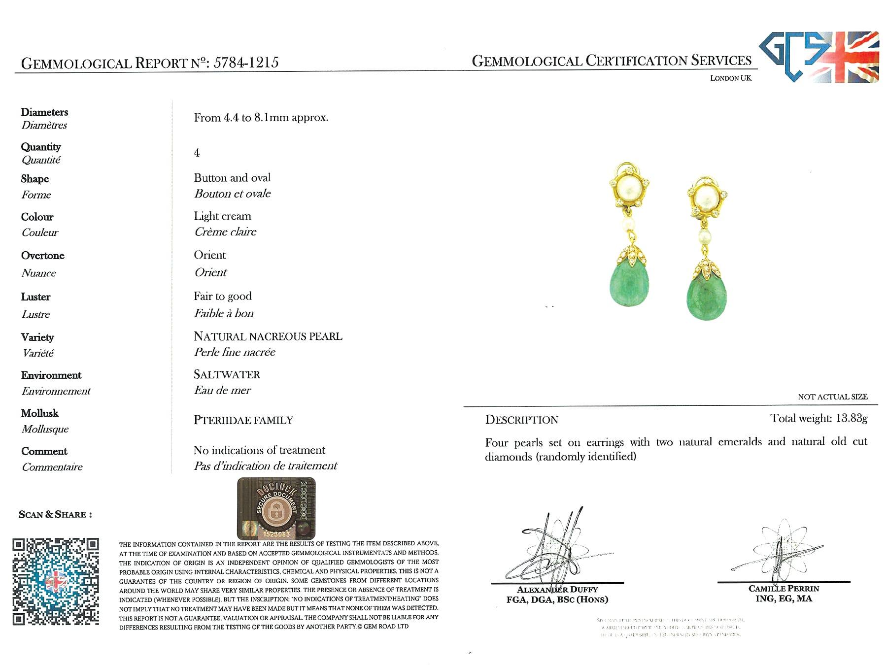 Colombian Emerald, Saltwater Pearl and Diamond 18k Yellow Gold Drop Earrings For Sale 8