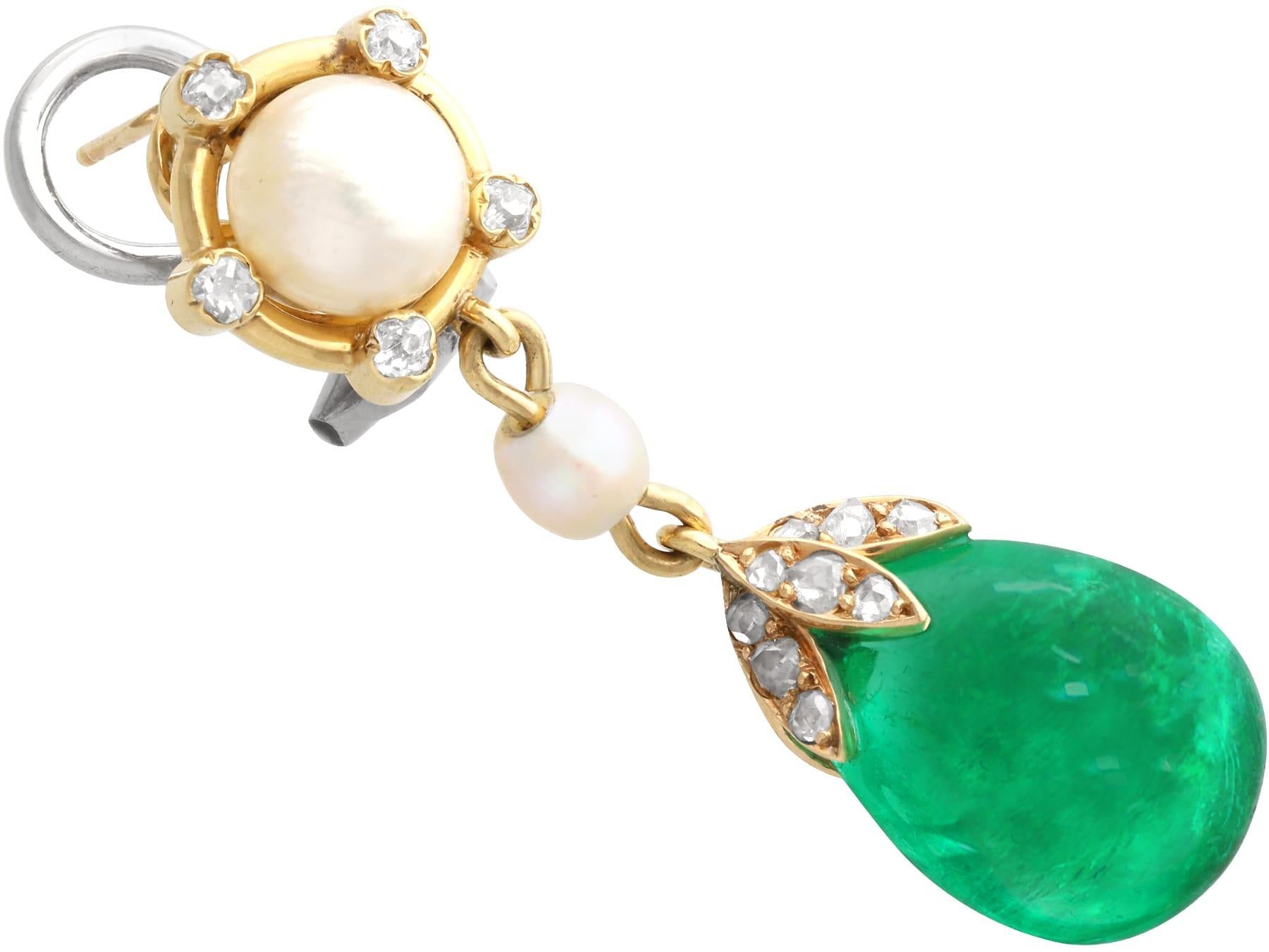 Oval Cut Colombian Emerald, Saltwater Pearl and Diamond 18k Yellow Gold Drop Earrings For Sale