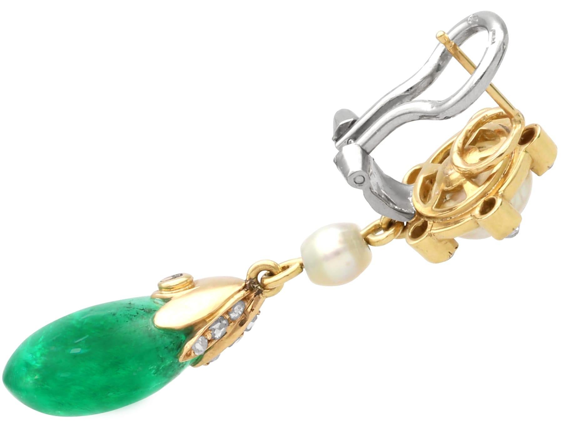 Women's or Men's Colombian Emerald, Saltwater Pearl and Diamond 18k Yellow Gold Drop Earrings For Sale