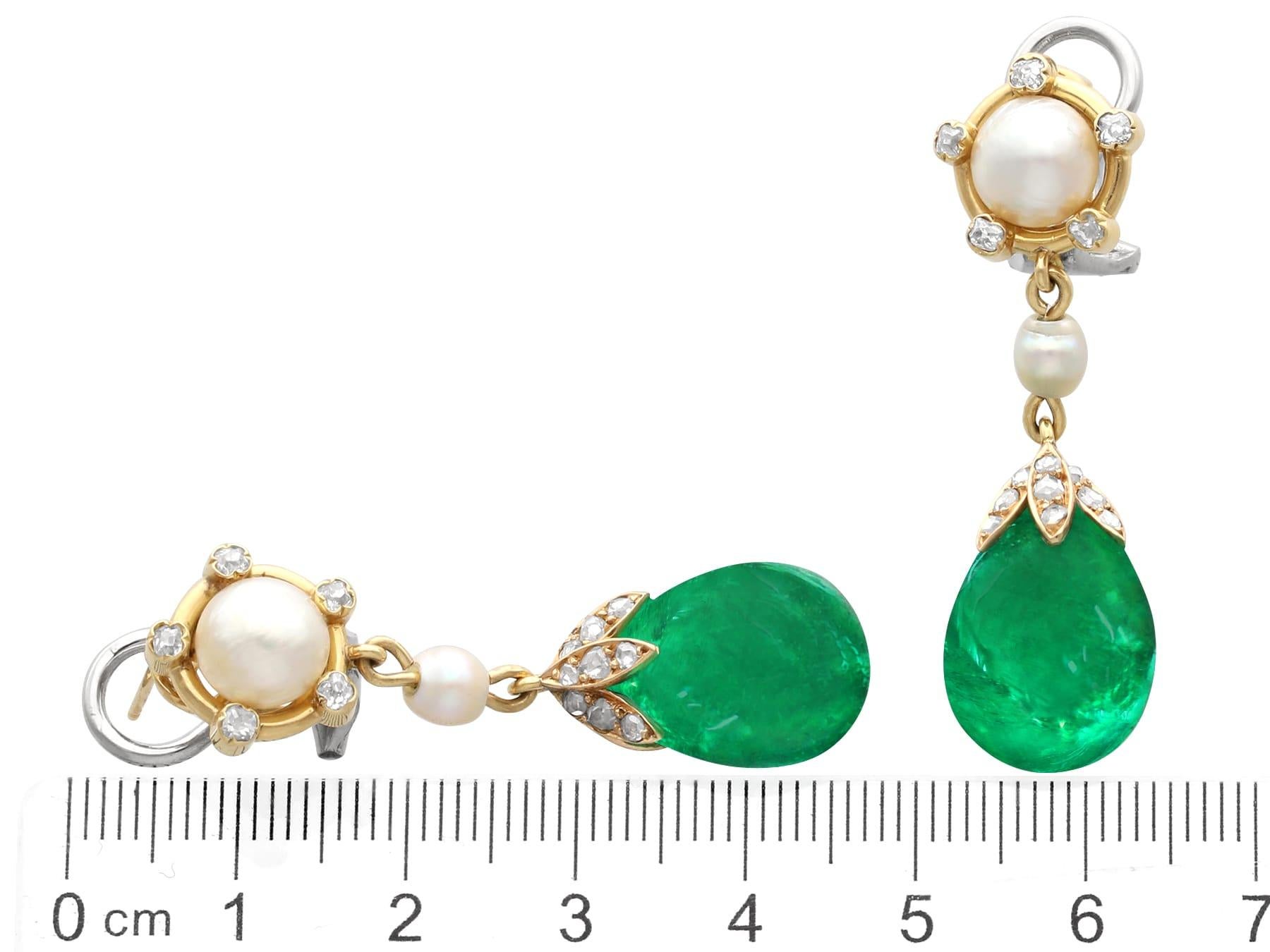 Colombian Emerald, Saltwater Pearl and Diamond 18k Yellow Gold Drop Earrings For Sale 2