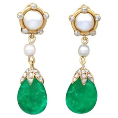 Antique Colombian Emerald, Saltwater Pearl and Diamond 18k Yellow Gold Drop Earrings