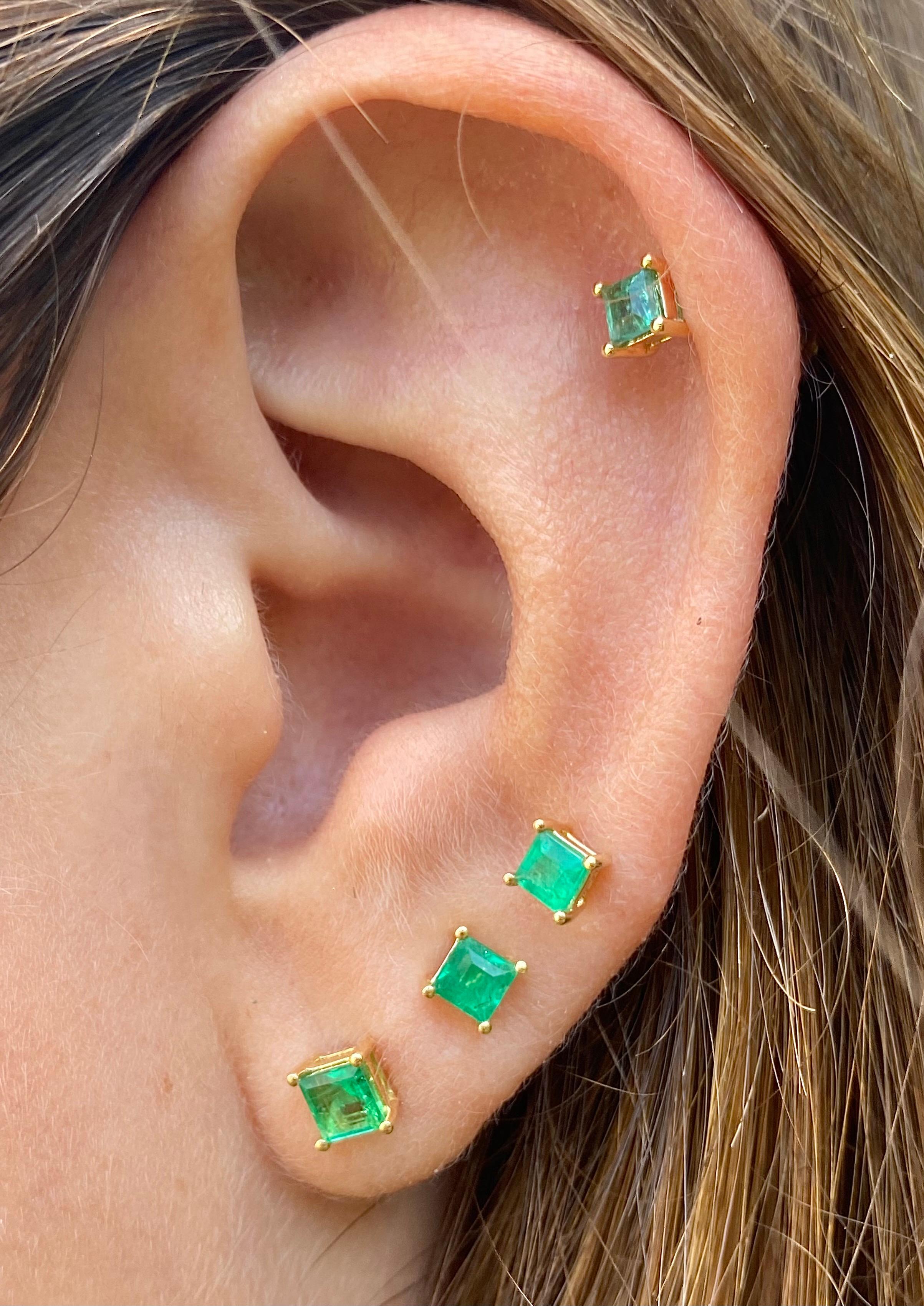 Gorgeous natural Colombian Emeralds set in 18k solid gold. Emeralds with step-cut facets for optimal light reflection and brilliance (stones shine brightest under sunlight). Premium grade 18k solid gold is double rhodium plated to ensure lifelong