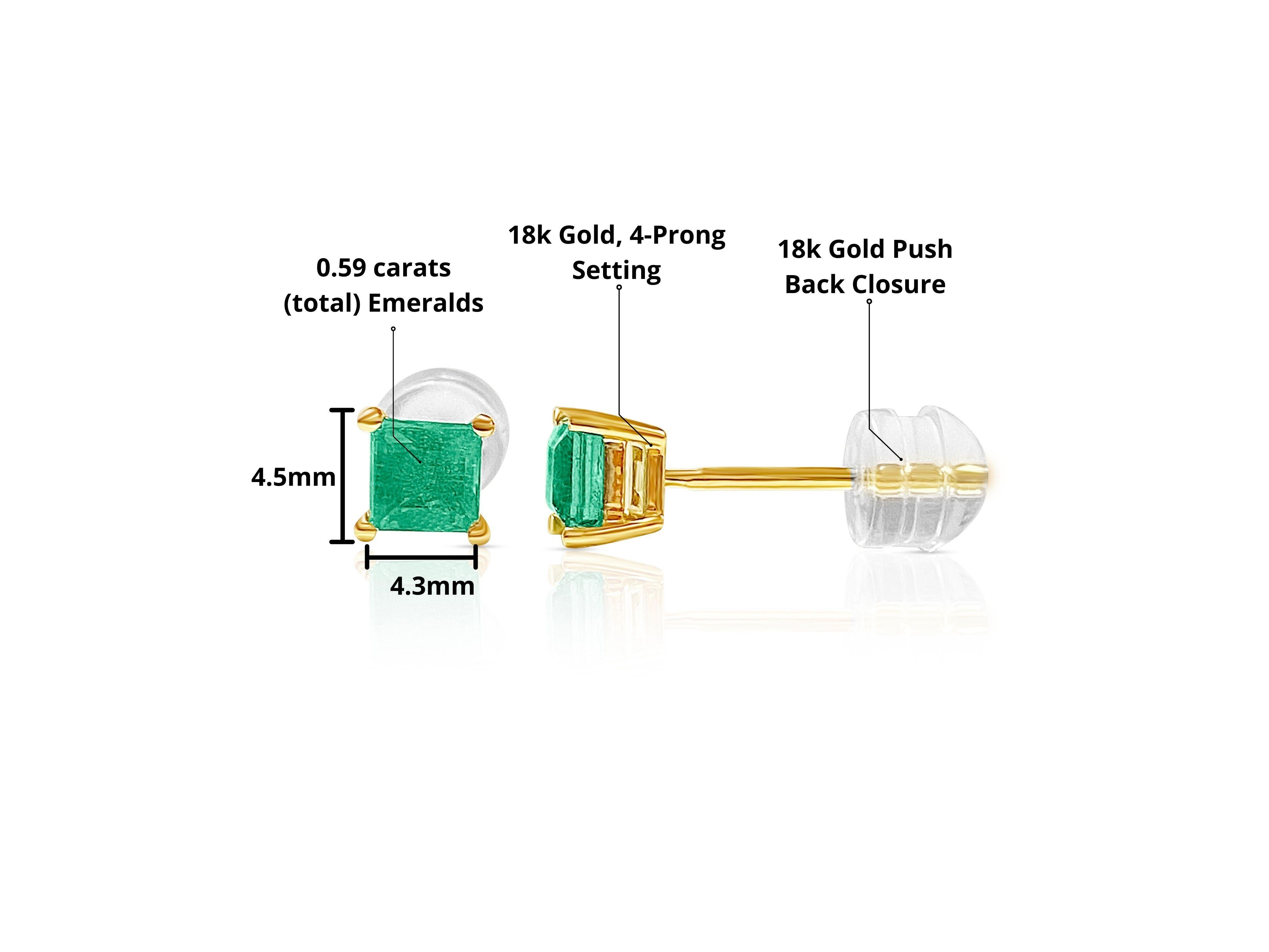 Modern Colombian Emerald Square-Cut Stud Earrings in 18k Yellow Gold For Sale