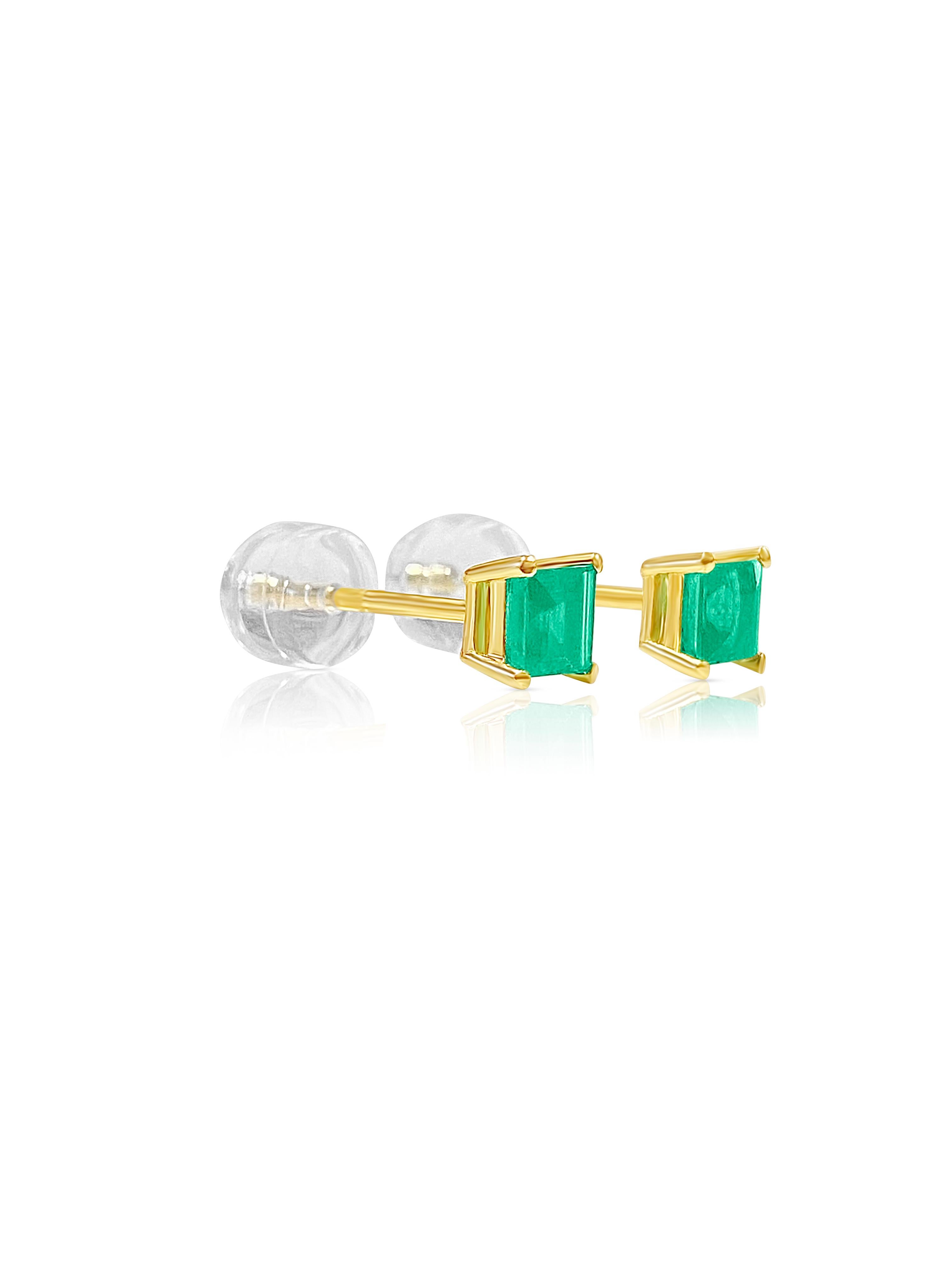 Emerald Cut Colombian Emerald Square-Cut Stud Earrings in 18k Yellow Gold For Sale