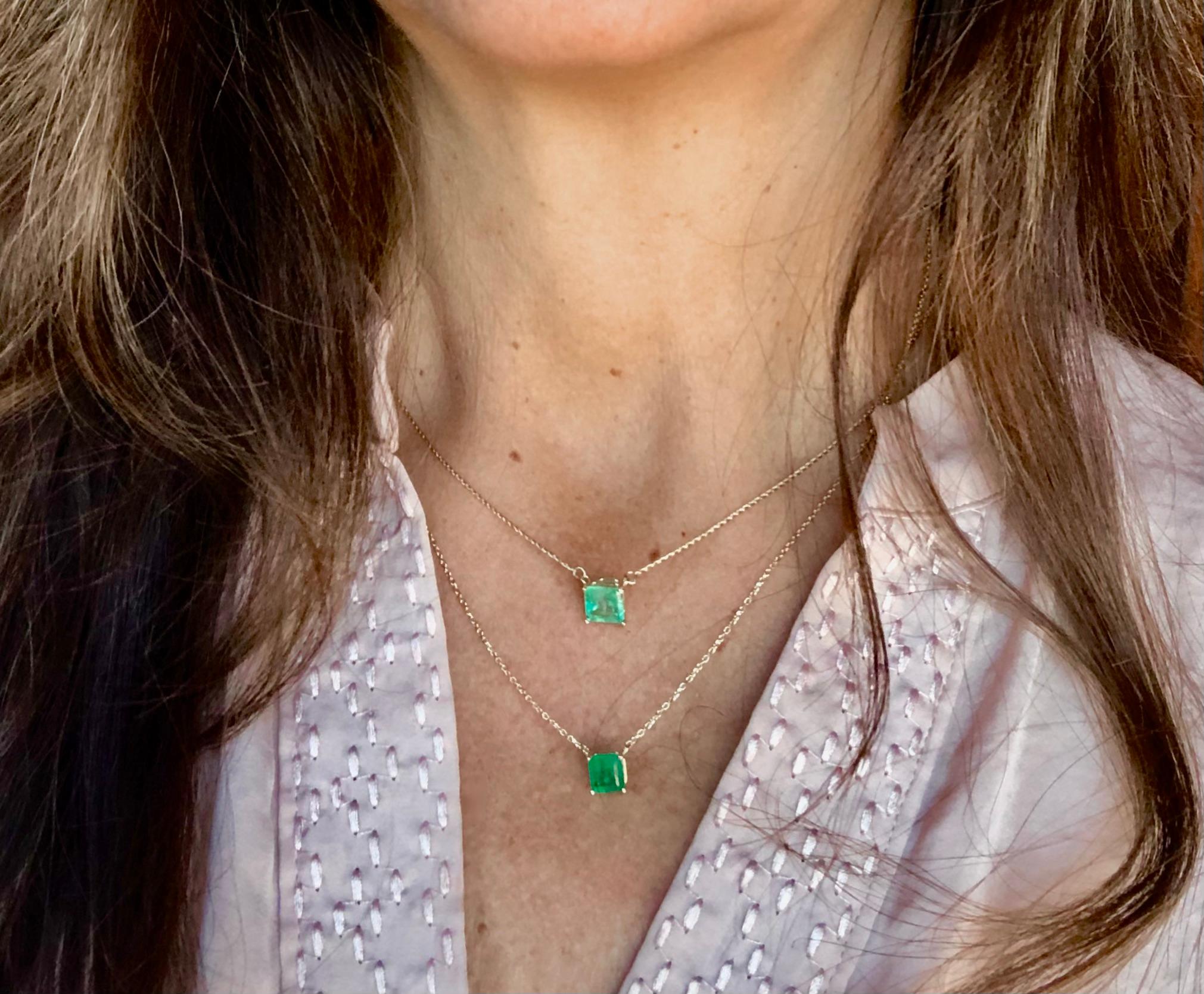 Colombian Emerald Square Solitaire Pendant Drop Necklace in 14k For Sale 6