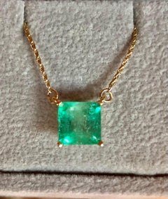 Colombian Emerald Square Solitaire Pendant Drop Necklace in 14k