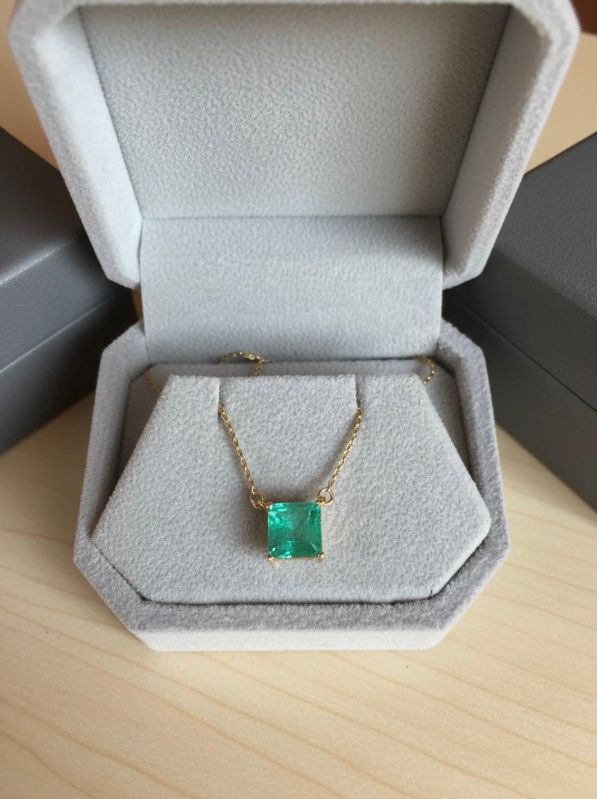 Kolumbianische Smaragd-Halskette mit quadratischem Solitär-Anhänger in 14k (Carréeschliff) im Angebot