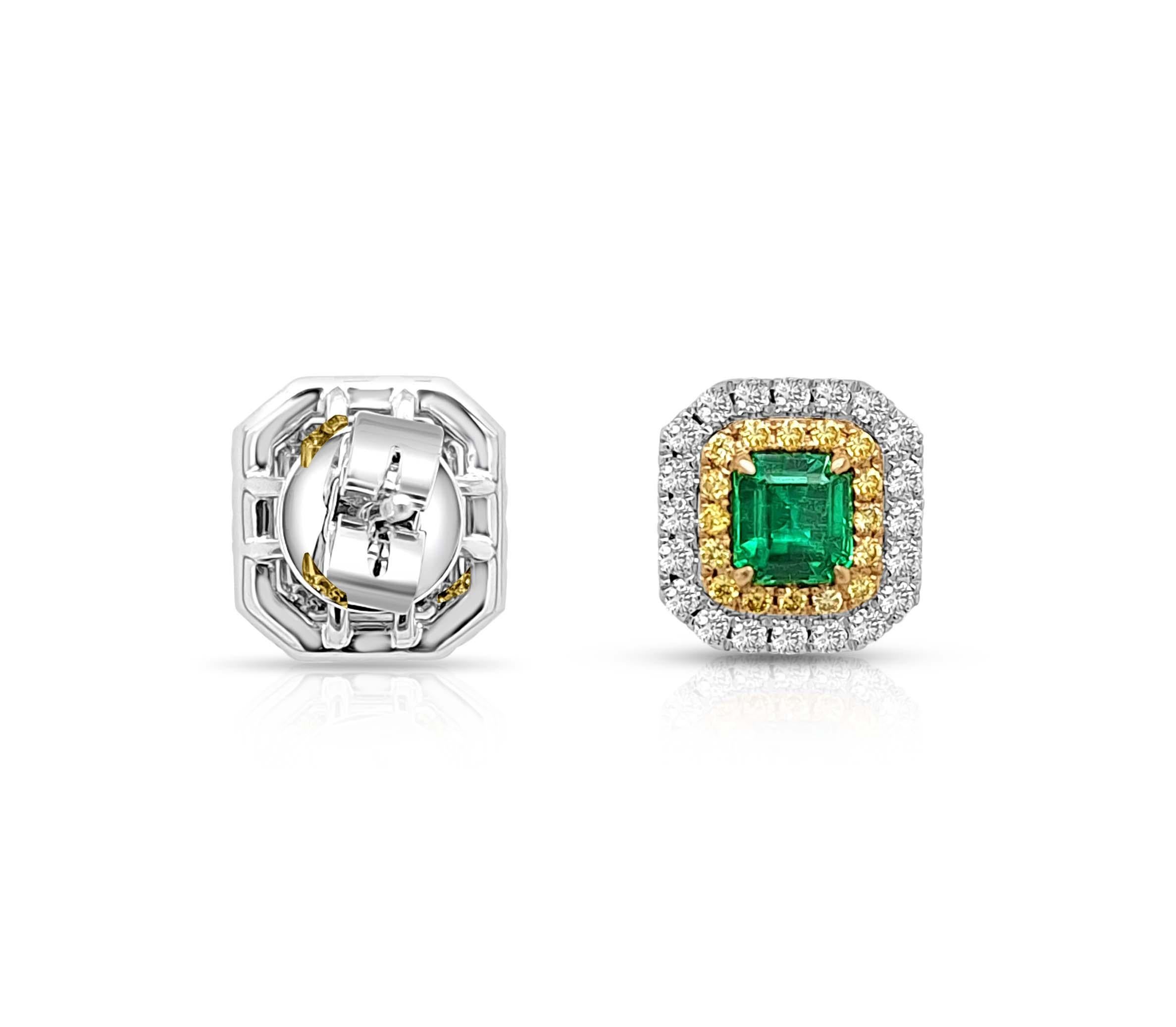 Contemporary Colombian Emerald Stud Earrings with Natural yellow diamonds made in 18K Gold