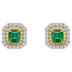 Colombian Emerald Stud Earrings with Natural yellow diamonds made in 18K Gold