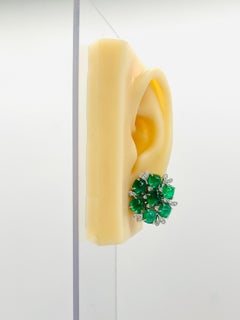 Colombian Emerald Sugarloaf Cabochon and White Diamond Cluster Earrings in 18K