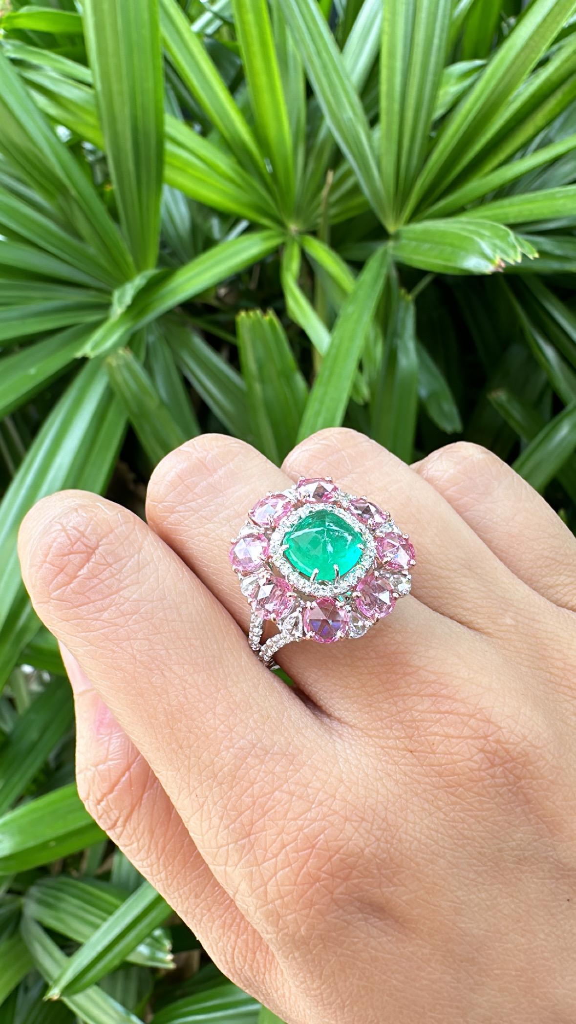 Colombian Emerald Sugarloaf, Pink Sapphires & Rose Cut Diamonds Cocktail Ring 5