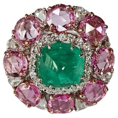 Colombian Emerald Sugarloaf, Pink Sapphires & Rose Cut Diamonds Cocktail Ring