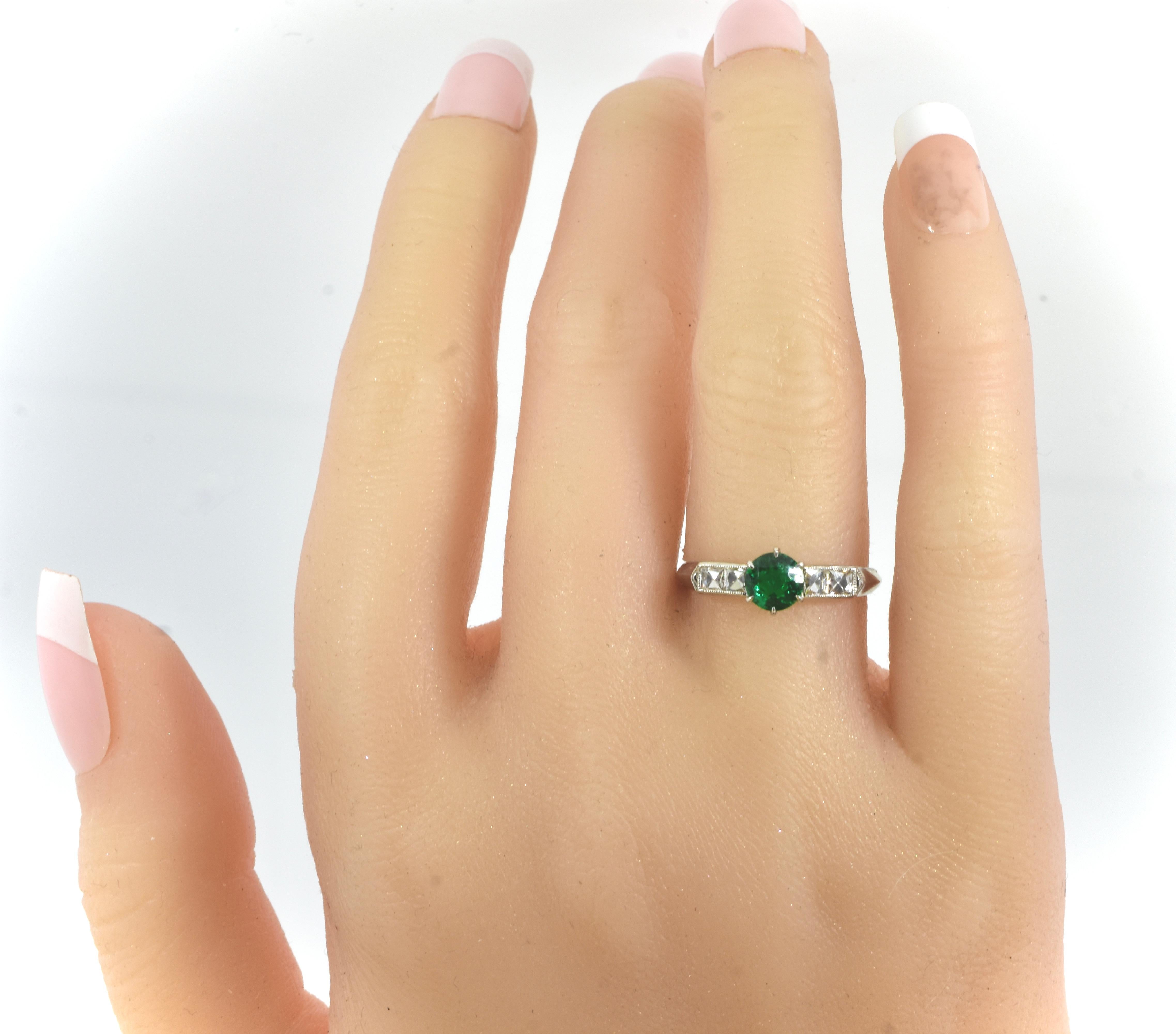Colombian Emerald, Swiss Cut Diamond and Platinum Antique Art Deco Ring C 1930 In Excellent Condition For Sale In Aspen, CO
