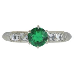 Colombian Emerald, Swiss Cut Diamond and Platinum Antique Art Deco Ring C 1930