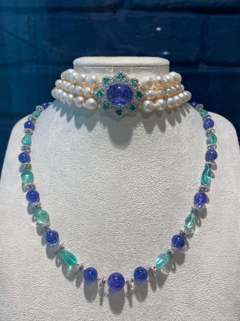 Kolumbianische Perlenkette mit Smaragd, Tansanit und Diamanten im Zustand „Neu“ im Angebot in Bangkok, Thailand