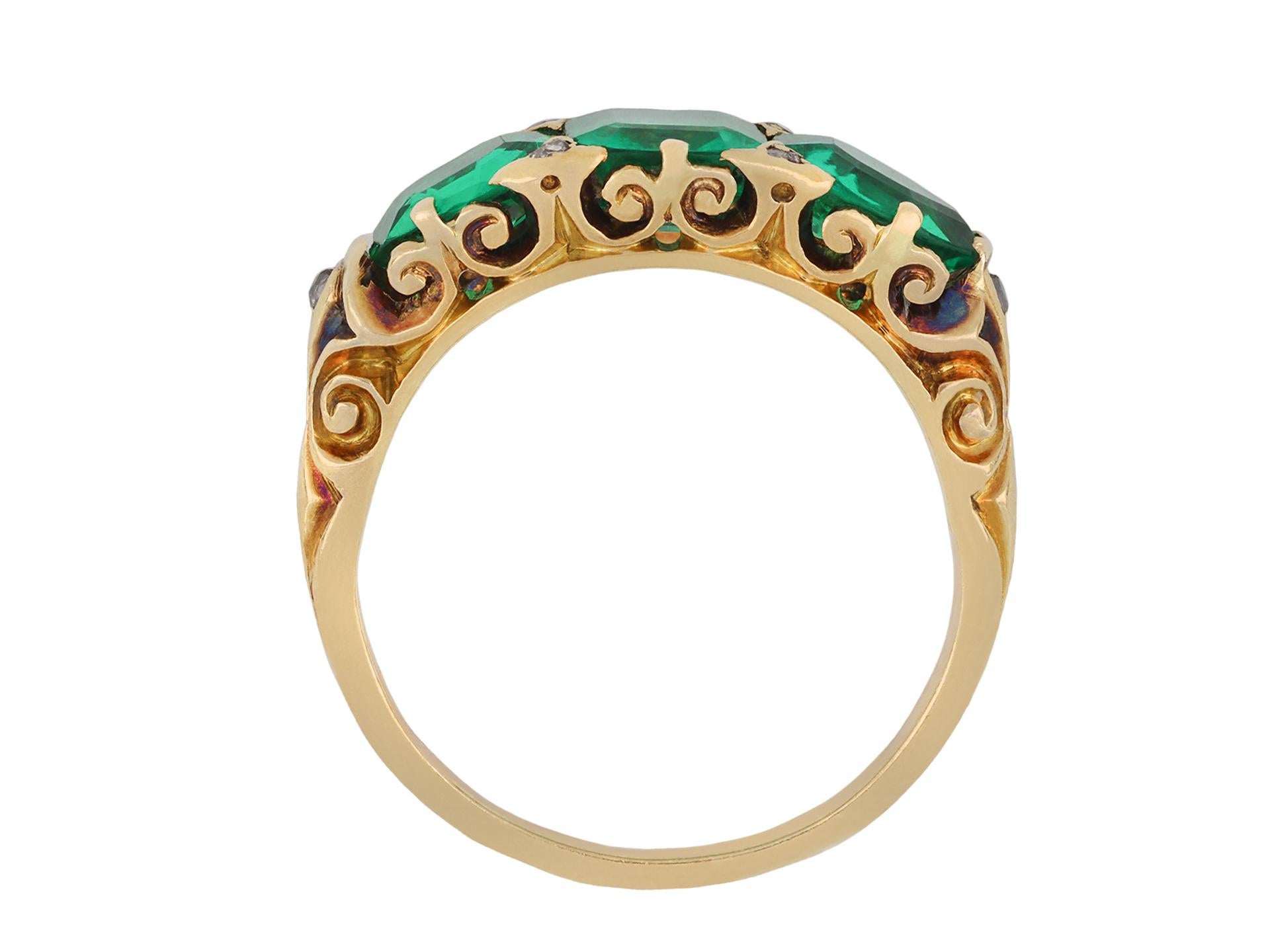Victorian Antique Colombian Emerald Three Stone Ring, circa 1890. For Sale