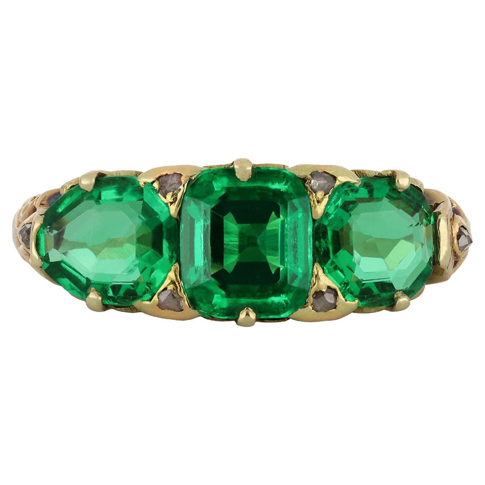 Antique Colombian Emerald Three Stone Ring, circa 1890. For Sale