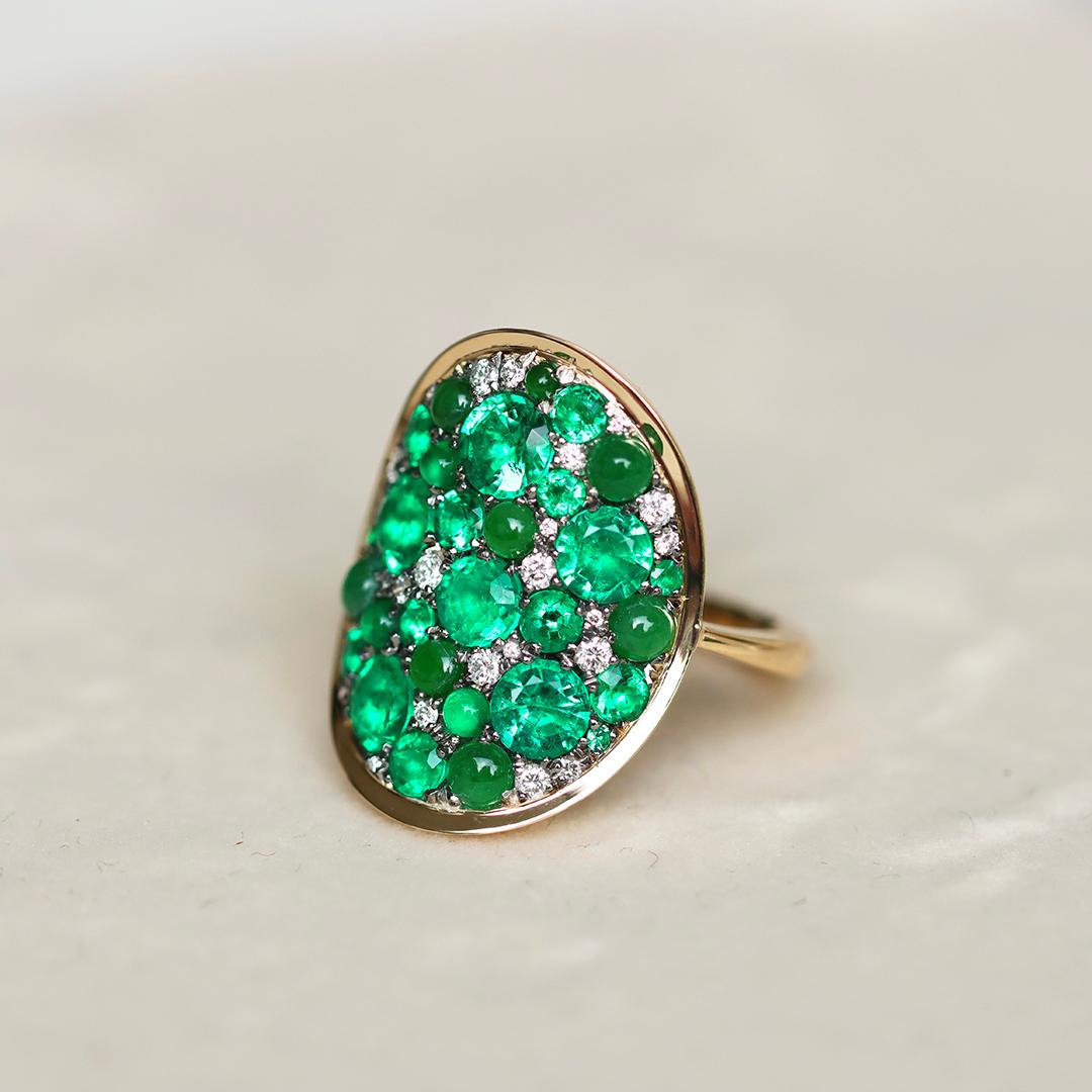 Contemporary Colombian Emerald Type A Jadeite Diamond Pave Ring For Sale