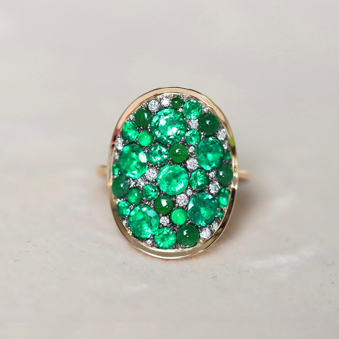 Mixed Cut Colombian Emerald Type A Jadeite Diamond Pave Ring For Sale