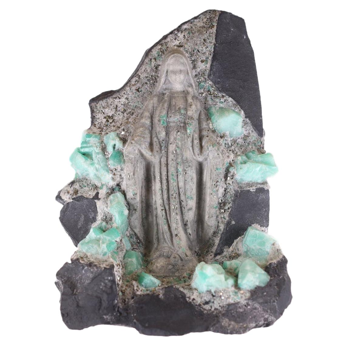 Colombian Emerald Virgen Mary Rough Crystal Sculpture For Sale
