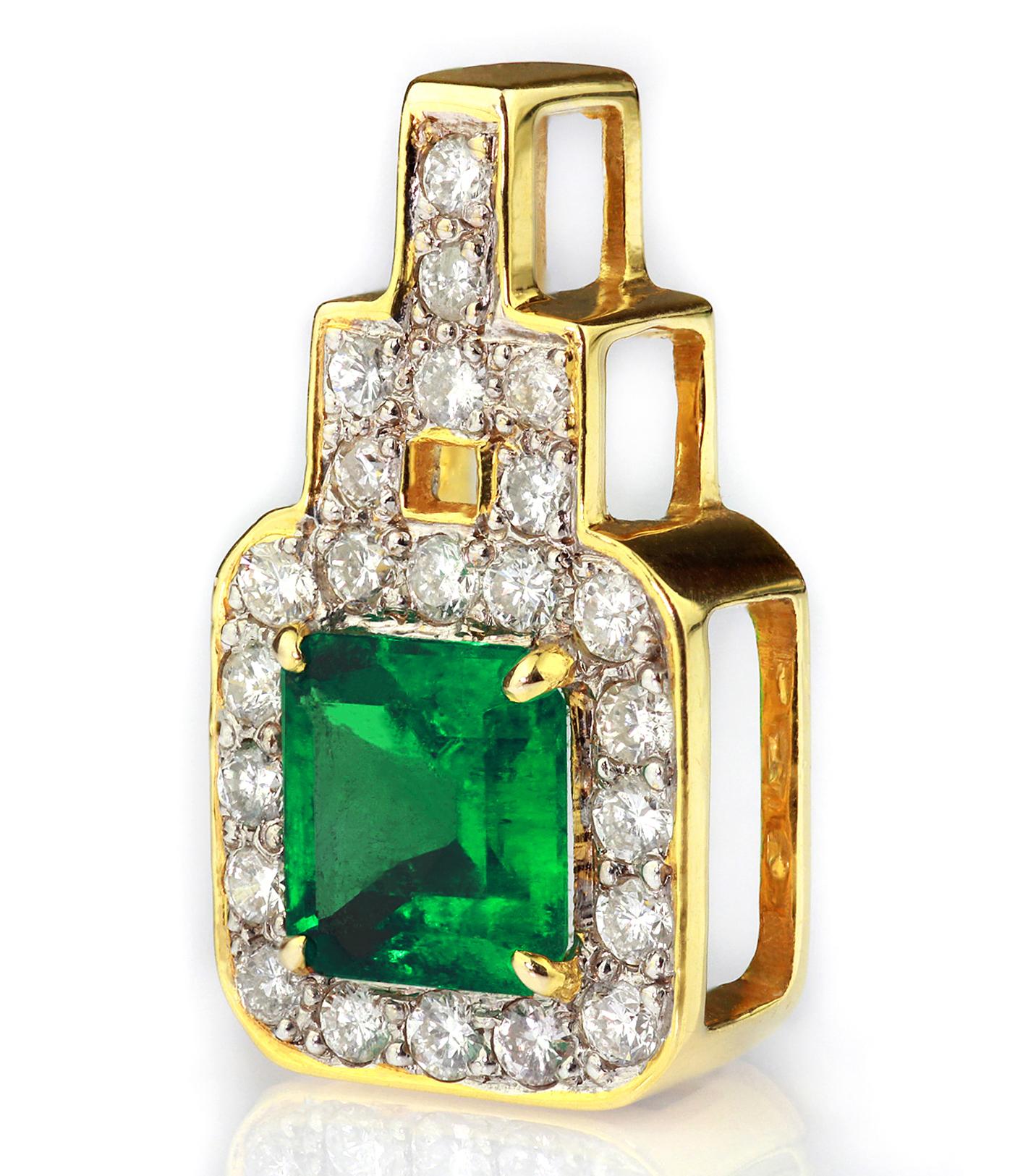 Emerald Cut Vivid Green Colombian Emerald & Diamond Architectural Pendant, 18ct Yellow Gold For Sale