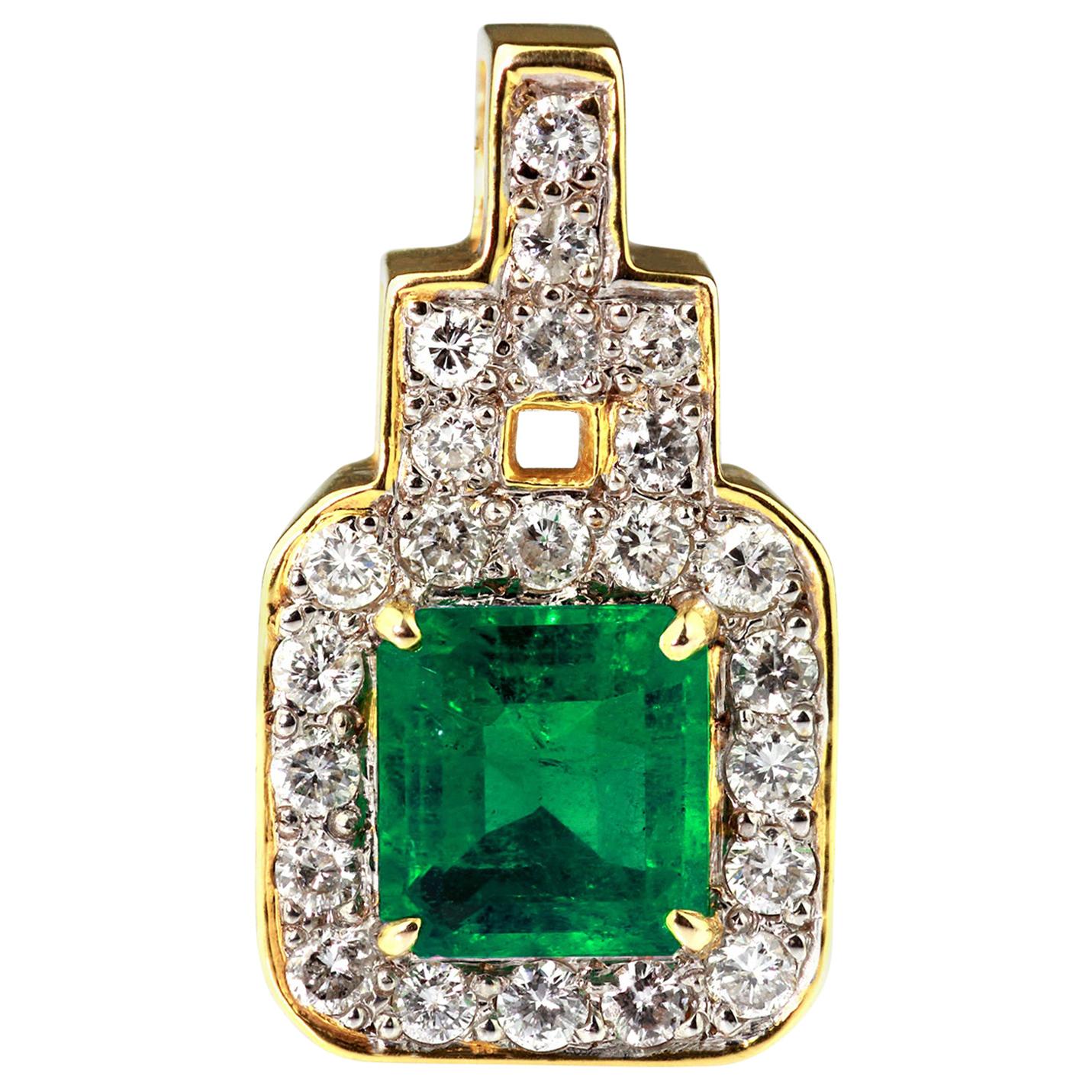 Colombian Emerald Vivid Green Color and Diamond Rectangular Shape Pendant