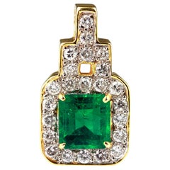 Vivid Green Colombian Emerald & Diamond Architectural Pendant, 18ct Yellow Gold