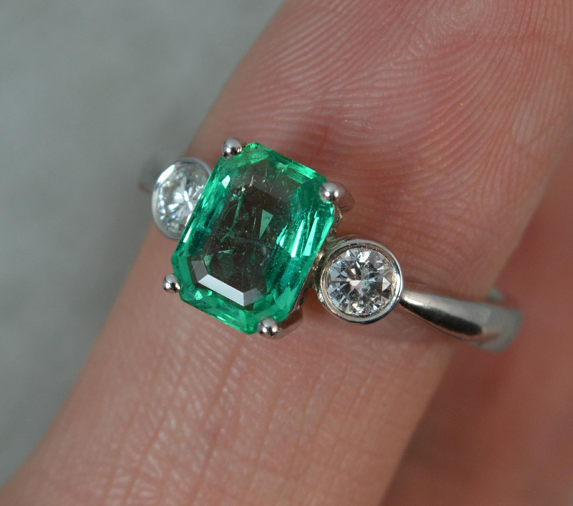 Colombian Emerald VS Diamond 18 Carat White Gold Trilogy Ring In Excellent Condition In St Helens, GB