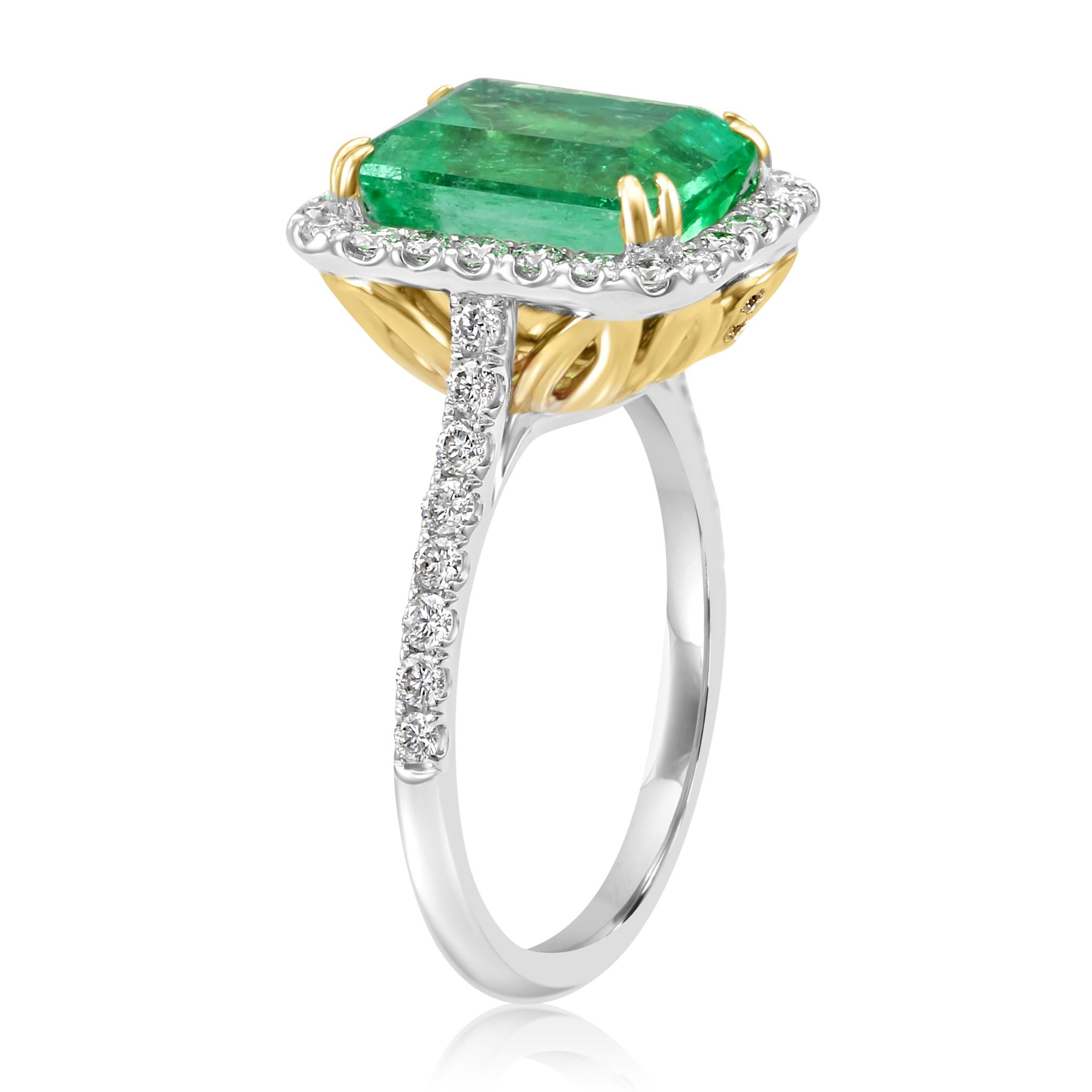 Emerald Cut Colombian Emerald White Diamond Halo Two-Color Gold Bridal Fashion Cocktail Ring