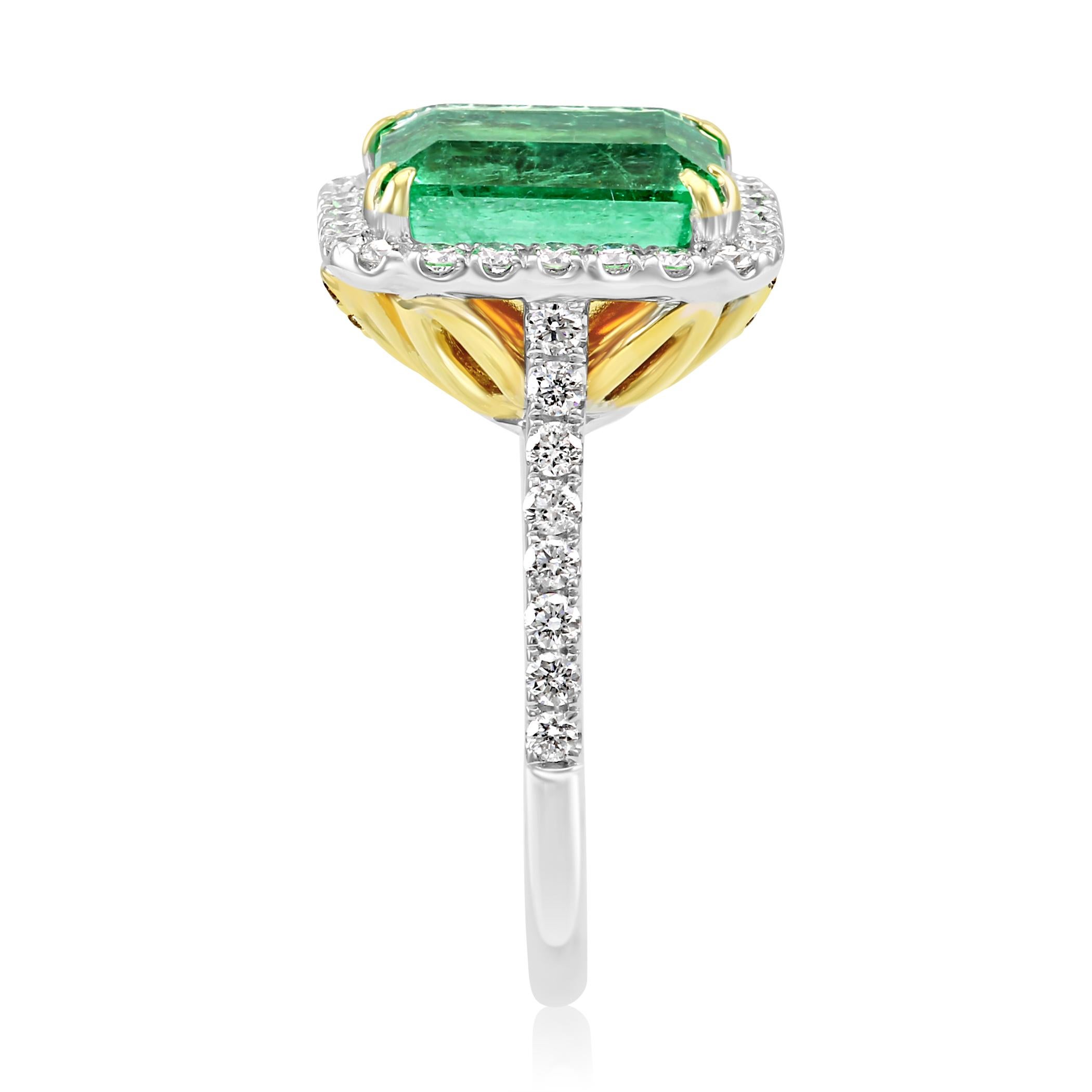 Women's or Men's Colombian Emerald White Diamond Halo Two-Color Gold Bridal Fashion Cocktail Ring