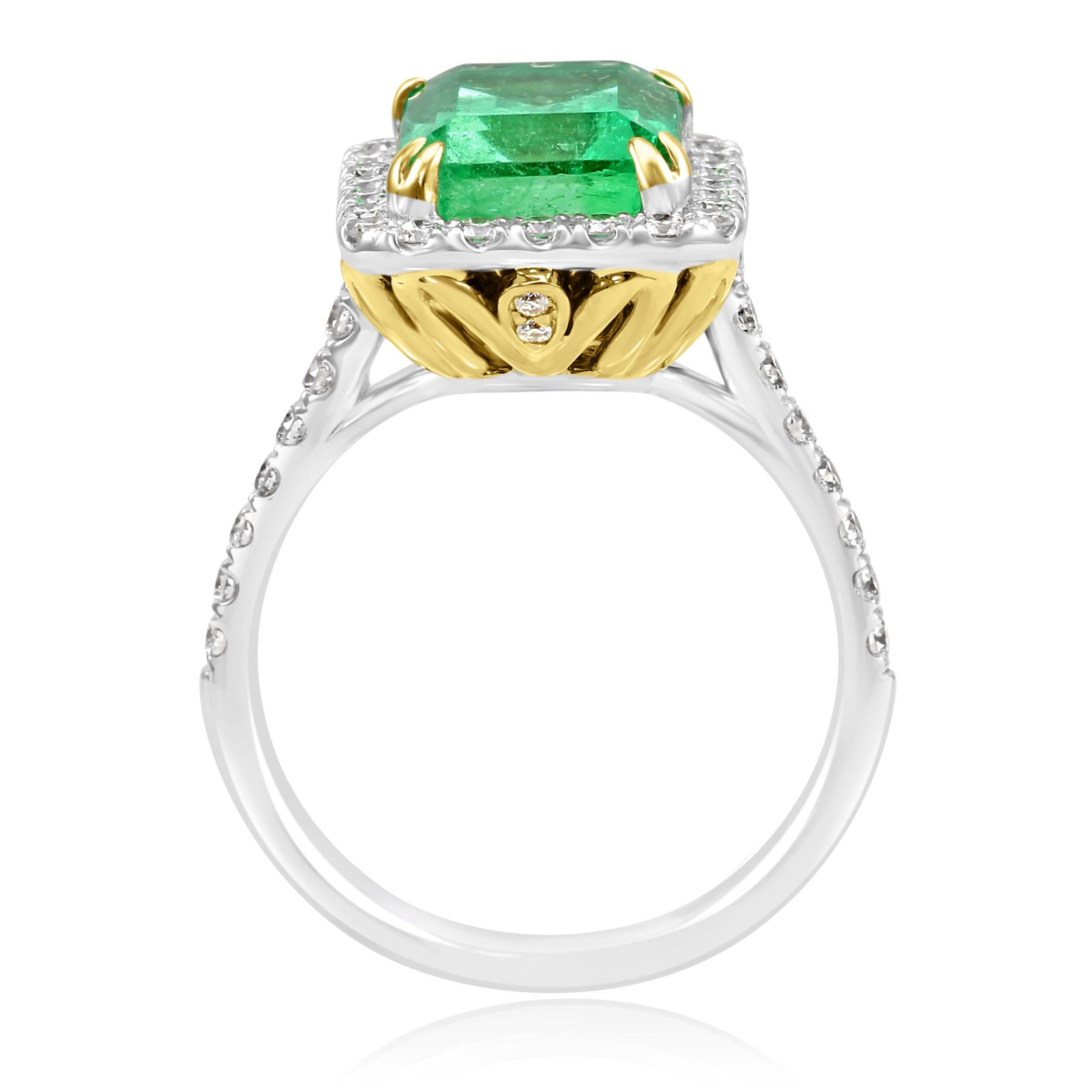 Colombian Emerald White Diamond Halo Two-Color Gold Bridal Fashion Cocktail Ring 1