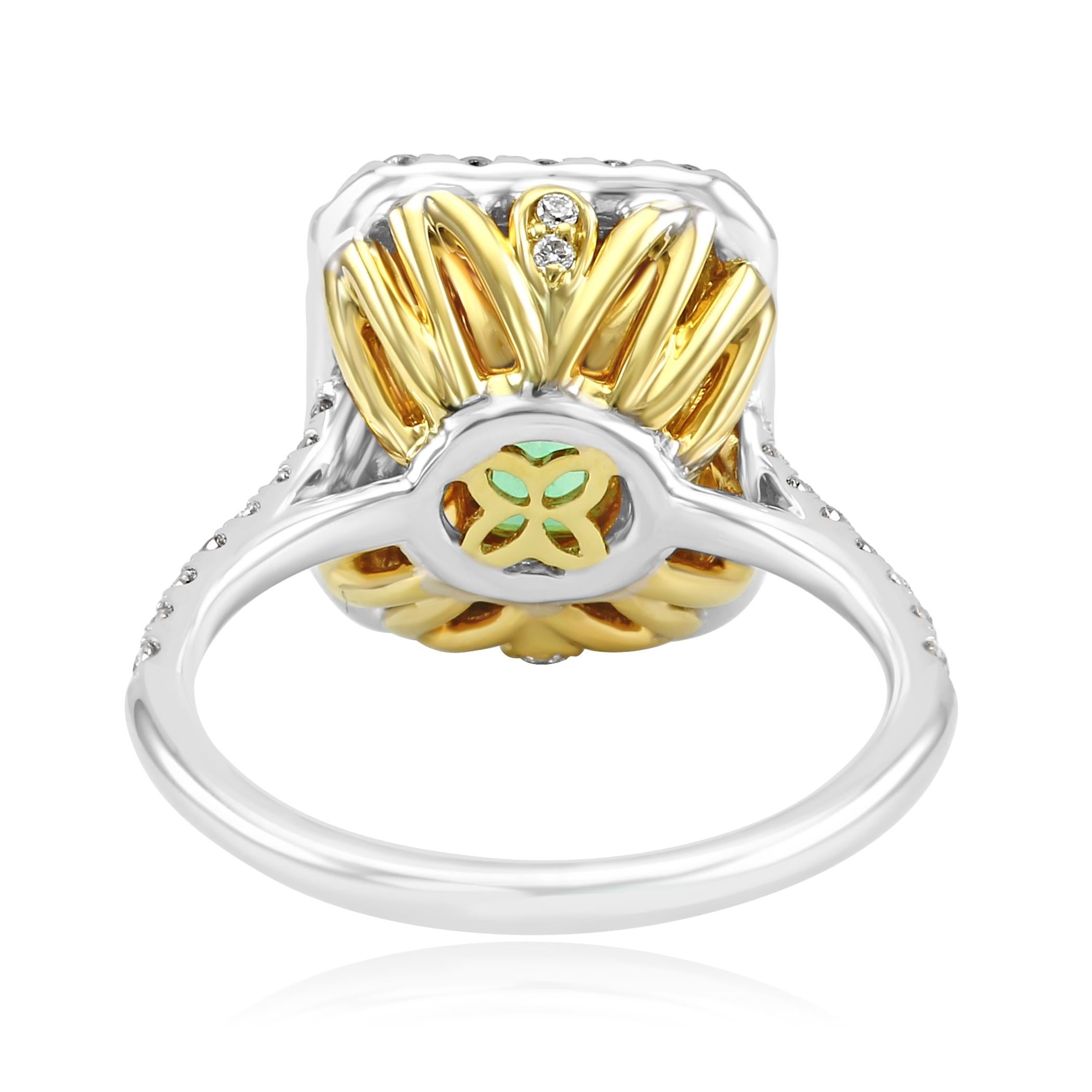 Colombian Emerald White Diamond Halo Two-Color Gold Bridal Fashion Cocktail Ring 2