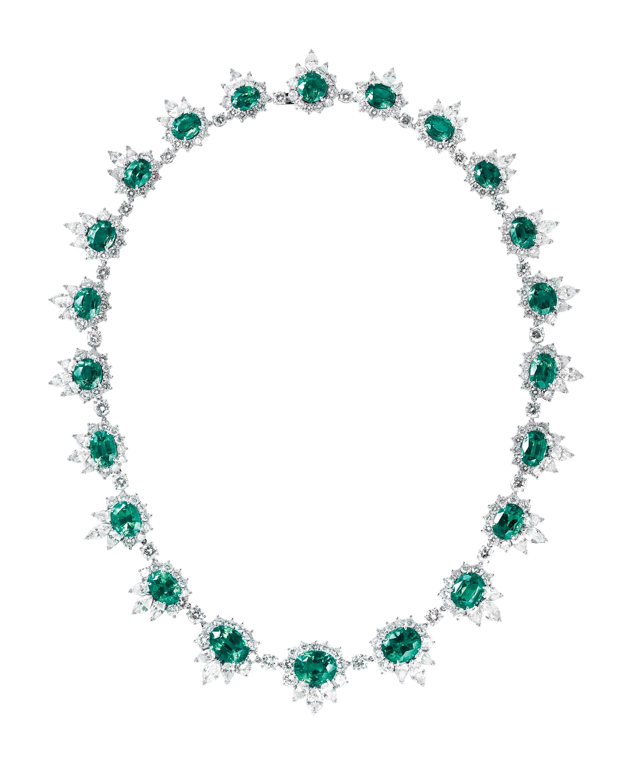 Round and oval-cut emeralds, pear-shaped, circular and baguette-cut diamonds, platinum and gold, 43 cm long, numbered
 approximately 75 carats total

