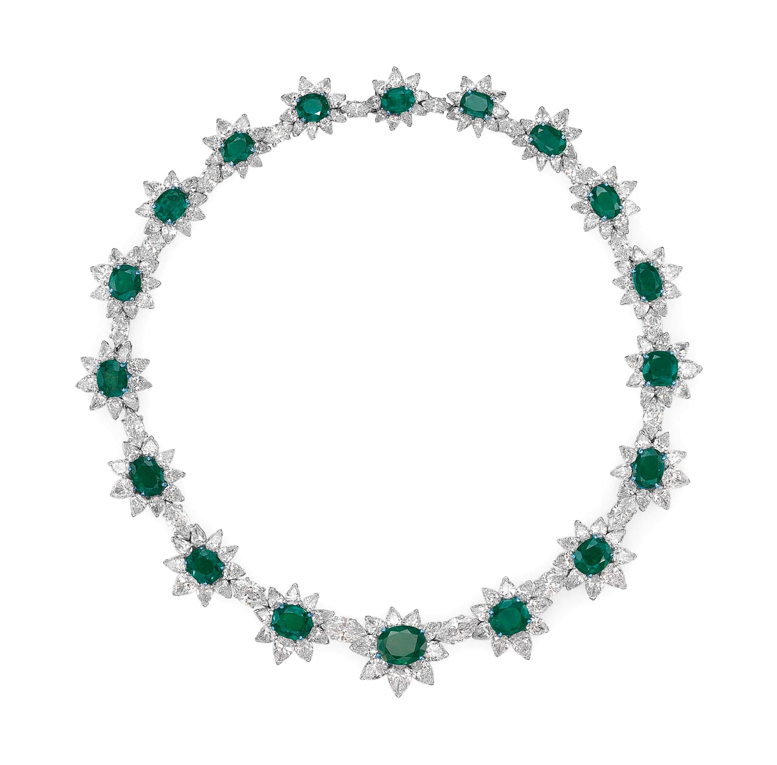 Contemporary Colombian Emeralds and Diamond Platinum Necklace For Sale