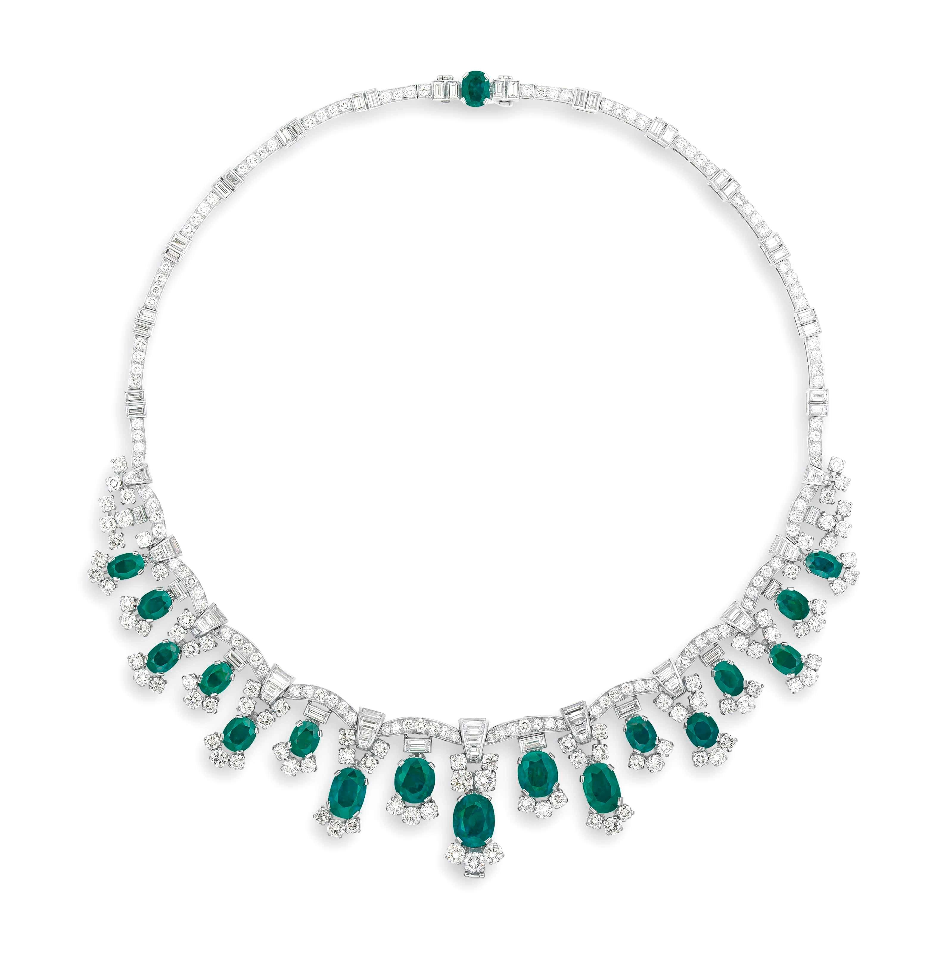 Contemporary Colombian Emeralds and Diamond Platinum Necklace For Sale