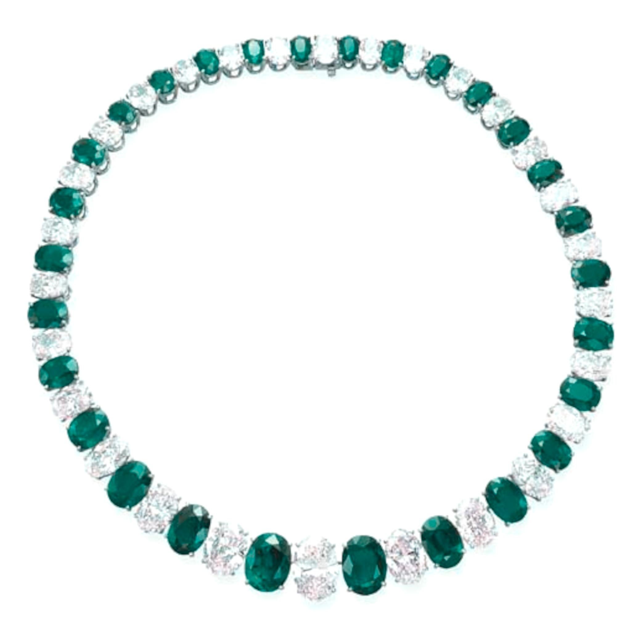 Contemporary Colombian Emeralds and Diamond Platinum Necklace For Sale