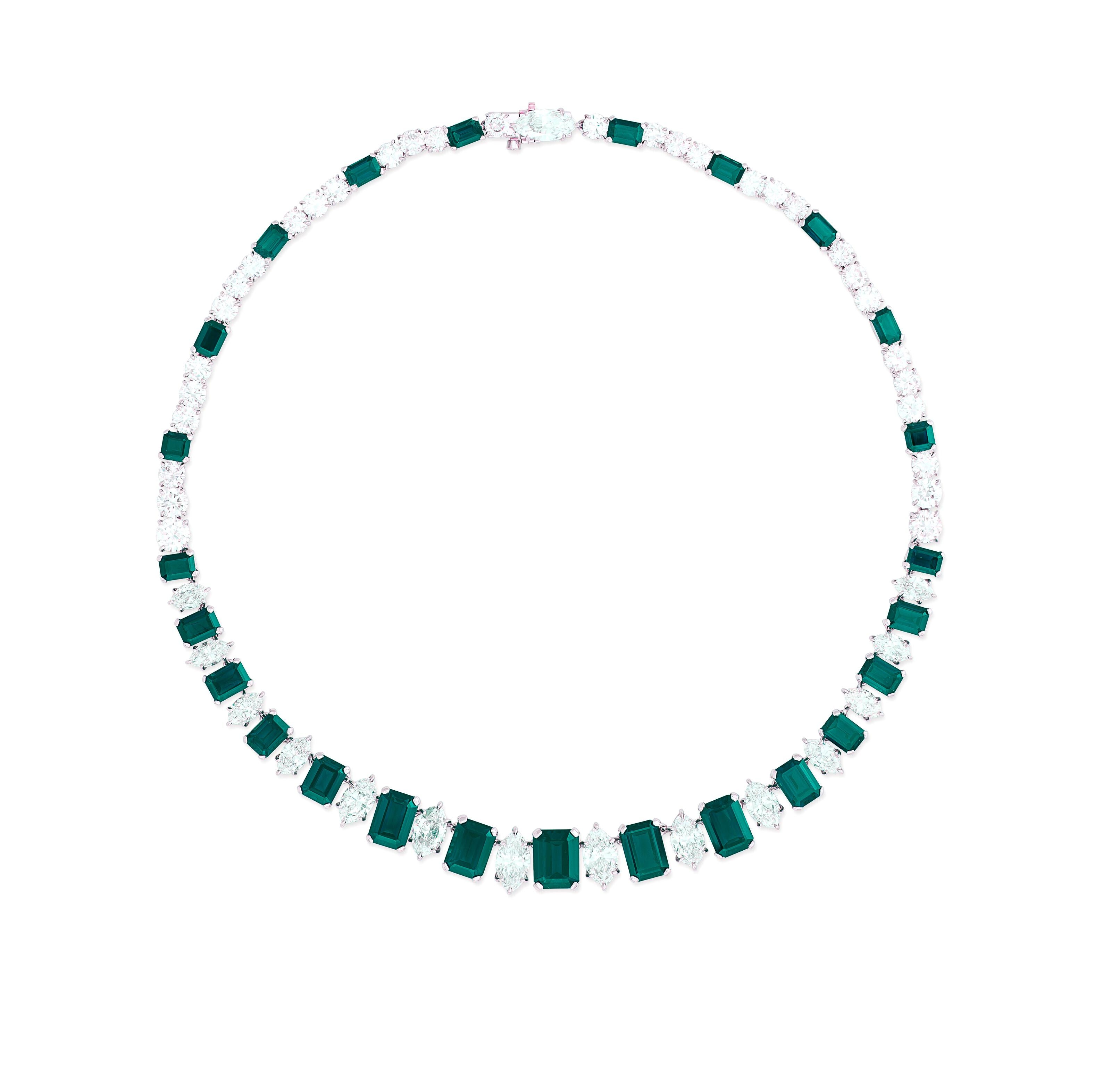 Contemporary Colombian Emeralds and Diamond Platinum Necklace For Sale