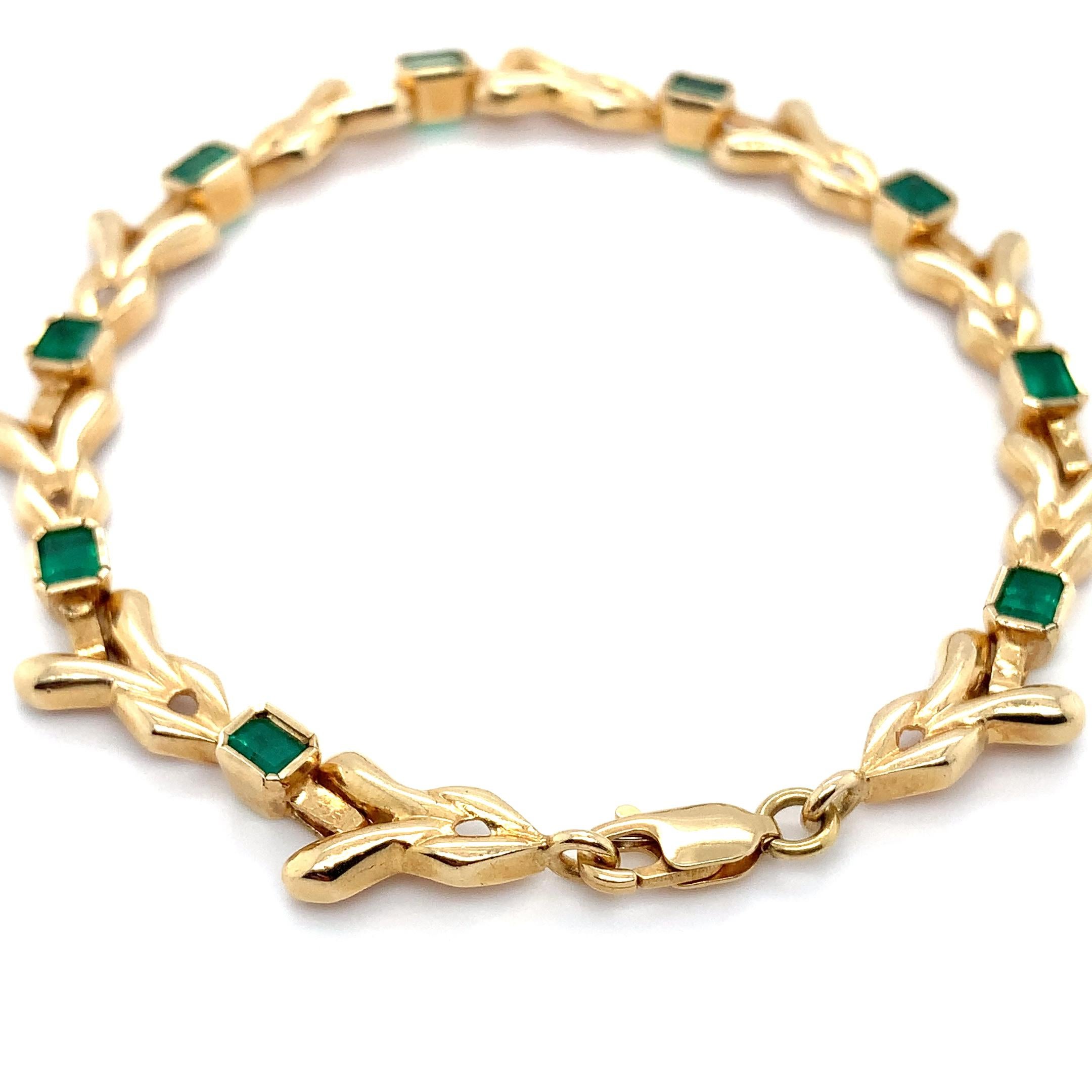 Bracelet colombien d'émeraudes vertes en or jaune 18 carats en vente 3