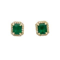 Colombian Green Emerald & Diamond Earrings 2.70CT D.50CT 18K Yellow Gold