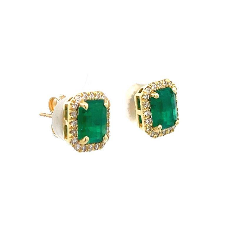 Modern Colombian Green Emerald & Diamond Earrings 2.70CT D.50CT 18K Yellow Gold