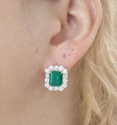 Colombian Green Emerald Diamond Halo Omega Earrings 8 Carat 18K Gold