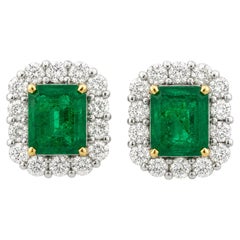 Colombian Green Emerald Diamond Halo Omega Earrings 8 Carat 18K Gold