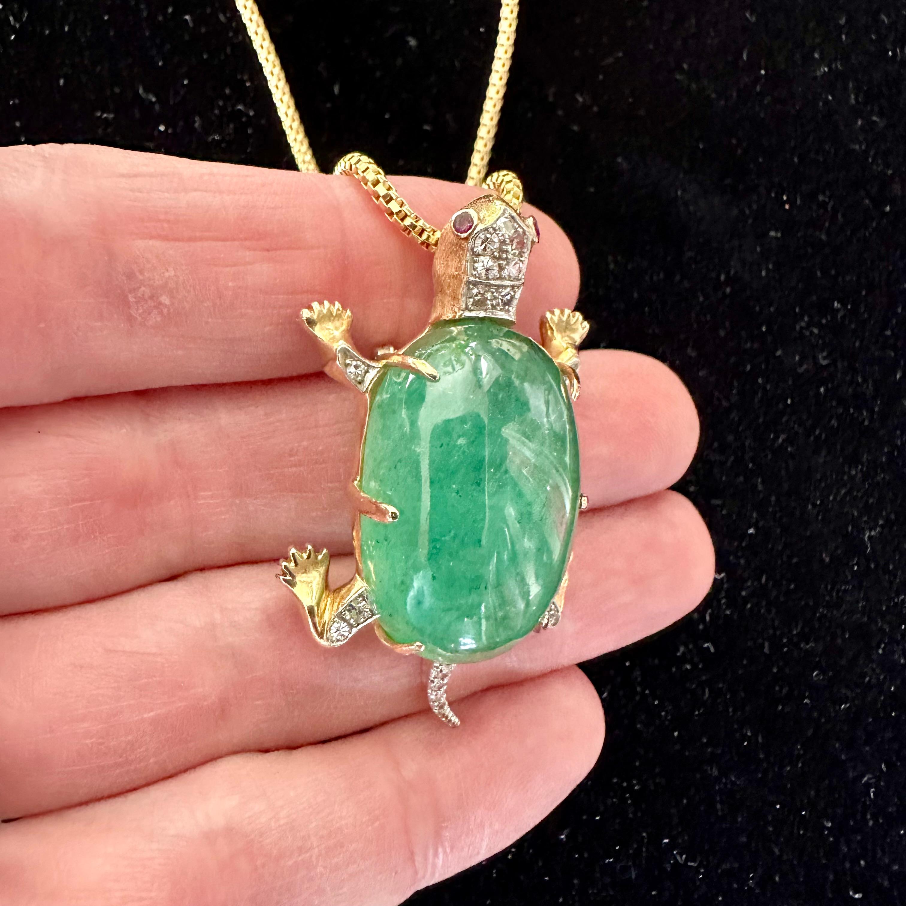 Women's or Men's Colombian Green Emerald Turtle Pendant Necklace