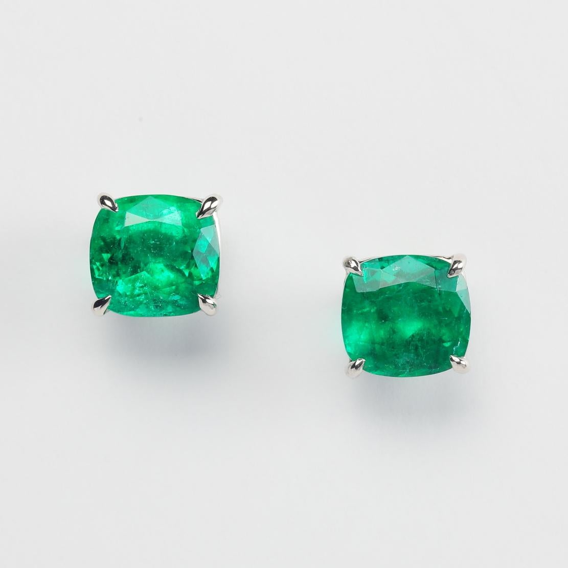 Exquisite Unheated Colombian Green Emerald Stud Earrings, featuring:
✧ 2 natural, unheated Colombian emeralds weighing 6.35 carats
✧ Friction posts with push-backs closures 
✧ Approximately 1.50 grams of 14K White Gold 
✧ Free appraisal included