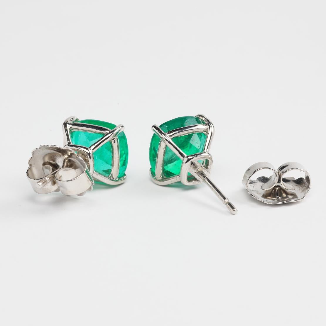 Cushion Cut Colombian Green Emeralds and 18K White Gold Stud Earrings
