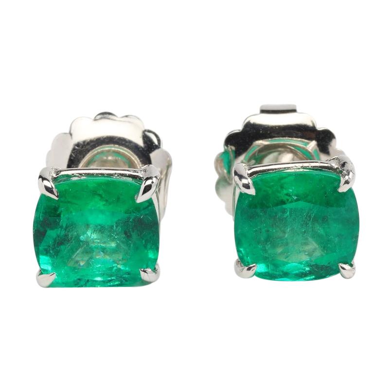 Colombian Green Emeralds and 18K White Gold Stud Earrings